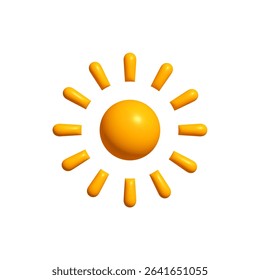 Glossy sun icon with rounded rays in 3D style. Bright weather symbol for app interface, summer design, energy branding. Vector illustration
