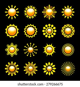Glossy Sun Icons Set. Vector illustration