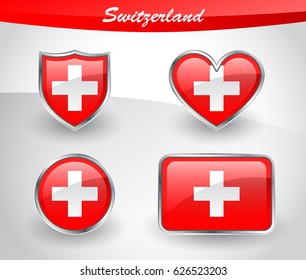 Glossy Switzerland flag icon set with shield, heart, circle and rectangle shapes in silver frame. Vector illustration.
