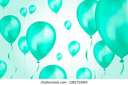Glossy teal color Flying helium Balloons backdrop with blur effect. Wedding, Birthday and Anniversary Background. Vector illustration for invitation card, party brochure, banner.
