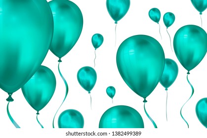 Glossy teal color Flying helium Balloons backdrop with blur effect. Wedding, Birthday and Anniversary Background. Vector illustration for invitation card, party brochure, banner.
