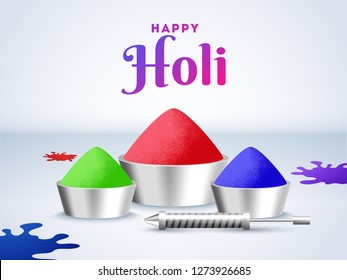 Glossy template or poster design for Holi festival celebration.