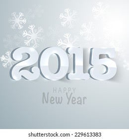 Texto brillante 2015 para la celebración de Año Nuevo Feliz con copos de nieve con fondo gris decorado.