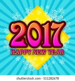Glossy text 2017, Happy New Year on snowflakes decorated background, Elegant greeting card design.