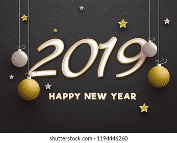 Glossy text 2019 decorated with stars and bauble hang on black background. Poster or banner design for New Year celebration concept.