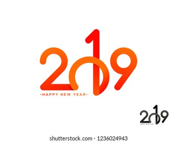 Glossy text 2019 on white background can be used as Happy New Year greeting card design.