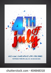 Glossy text 4th of July in blue and red colors, Creative Pamphlet, Banner or Flyer design for American Independence Day celebration.
