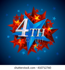 Glossy text 4th of July on blue and red stars for Happy American Independence Day celebration.