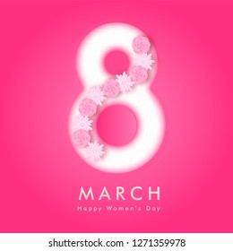 Glossy text 8 decorated with paper flowers on pink background for Happy Women's Day celebration concept.