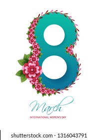 Glossy text 8 march decorated with paper cut flowers for International Women's Day greeting card design.