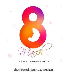 Glossy text 8 with women face on heart decorated white background. Happy Women's Day greeting card design.