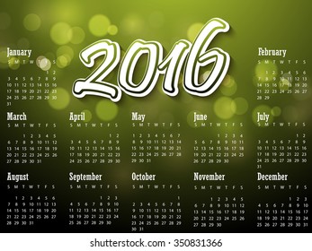 Glossy text and abstract green background calendar 2016 vector design template esp10.