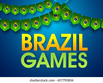 Glossy Text Brazil Games on Brazilian Flag style buntings decorated background, Creative Poster, Banner or Flyer.