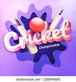 Glossy text Cricket on abstract paper cut background with realistic bat and ball for championship poster or flyer design.
