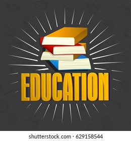 Glossy Text Design Education with stack of colorful books.