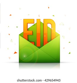 Glossy Text Eid coming out from Green Envelope for Islamic Famous Festival celebration.