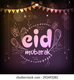Glossy text Eid Mubarak on hanging stars and bunting decorated shiny colorful background for muslim community festival celebration.