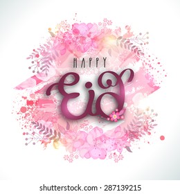 Glossy text Happy Eid on colorful splash and flowers decorated background for muslim community festival celebration.