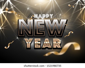 Glossy text of Happy New Year on lighting rays black and golden background.