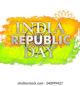 Glossy Text India Republic Day on National Flag Colors background, Creative Poster, Banner or Flyer design.
