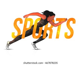 Glossy Text Sports with illustration of a running girl on white background, Can be used as Poster, Banner or Flyer design.