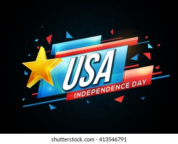 Glossy text U.S.A, Independence Day with Golden Star on blue and red banner for American Independence Day celebration.