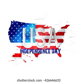Glossy Text U.S.A on United States of America Map in Flag colors for 4th of July, Independence Day celebration. 