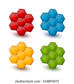 Glossy three dimensional colorful honeycomb icons on white background