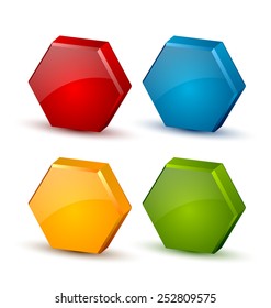 Glossy three dimensional hexagonal honeycomb icons on white background