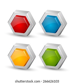 Glossy three dimensional hexagonal honeycomb icons on white background