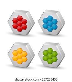 Glossy three dimensional honeycomb icons on white background