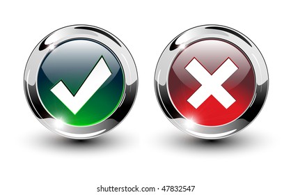 Glossy Tick & Cross Sign Buttons, icons vector illustration.