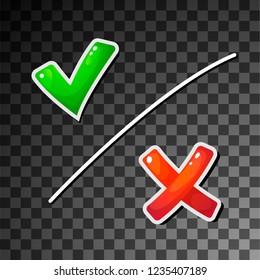 Glossy Tick icon set. Stylish check mark icon set in green and red color, vector illustration. 