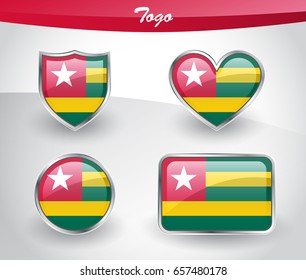 Glossy Togo flag icon set with shield, heart, circle and rectangle shapes in silver frame. Vector illustration.
