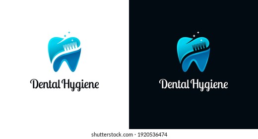 Glossy tooth icons in two parts with toothbrushes and star lights. Abstract dental logo templates on white and black backgrounds.