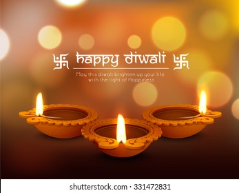 Glossy traditional illuminated oil lit lamps on shiny background for Indian Festival of Lights, Happy Diwali celebration.