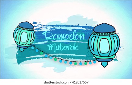 Glossy traditional Lamps with stylish text Ramadan Mubarak on creative blue background, Poster, Banner or Flyer design for Islamic Festival celebration.