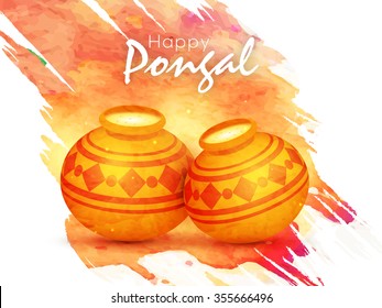 Glossy traditional mud pots full of rice on color splash background for South Indian Harvesting Festival, Happy Pongal celebration.