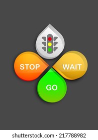 Glossy traffic signal sticker, tag or label set on grey background. 