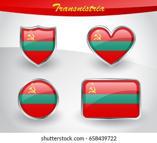 Glossy Transnistria flag icon set with shield, heart, circle and rectangle shapes in silver frame. Vector illustration.