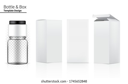 Glossy Transparent Bottle Mock up Realist Cosmetic y 3 Dimensional Box for Skincare and Aging Anti-arruinkle o Food Merchandise on White Background Illustration. Atención de la salud y atención médica.