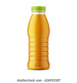 Glossy transparent PET bottle with screw cap for apple juice. 385 ml. Realistic packaging mockup template. Front view. Vector illustration. svg