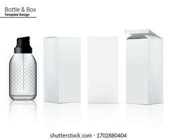 Glossy Transparent Pump Bottle Mock up Realistic Cosmetic and 3 Dimensional Box for Whitening Skincare and Aging anti-wrinkle merchandise on White Background Illustration. Health Care and Medical.