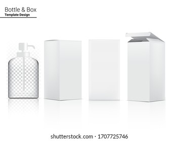 Glossy Transparent Pump Bottle Mock up Realistic Cosmetic and 3 Dimensional Box for Whitening Skincare and Aging anti-wrinkle merchandise on White Background Illustration. Health Care and Medical.