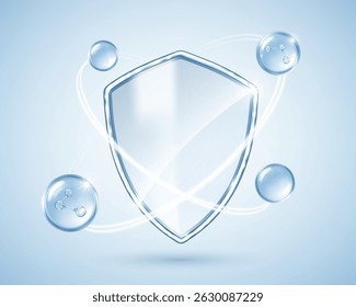 Escudo transparente brilhante com moléculas hialurônicas e anéis de energia brilhantes. Conceito de proteção cutânea. Ilustração vetorial