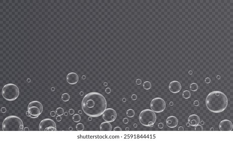 Glossy transparent soap bubble floating in the air, reflecting light. Delicate round sphere with a crystal-clear liquid drop effect. Shiny and clean water element, softly flying in a weightless