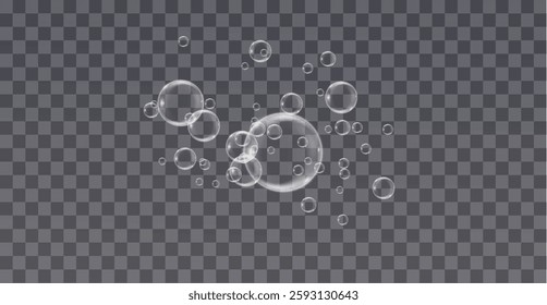 Glossy transparent soap bubble floating in the air, reflecting light. Delicate round sphere with a crystal-clear liquid drop effect. Shiny and clean water element, softly flying in a weightless