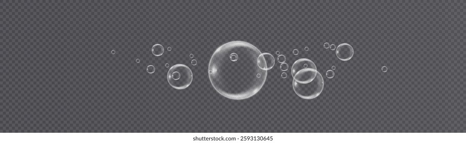 Glossy transparent soap bubble floating in the air, reflecting light. Delicate round sphere with a crystal-clear liquid drop effect. Shiny and clean water element, softly flying in a weightless