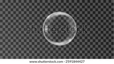 Glossy transparent soap bubble floating in the air, reflecting light. Delicate round sphere with a crystal-clear liquid drop effect. Shiny and clean water element, softly flying in a weightless