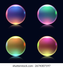 Esfera transparente brillante en 3D con brillantes reflejos y luces degradadas colocadas sobre fondo oscuro creando un elemento de diseño abstracto moderno con estilo futurista